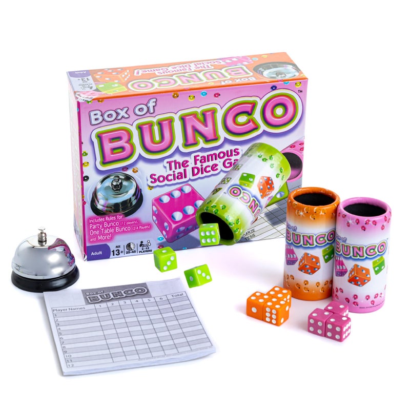 Continuum Games Box of Bunco Game Party Box for Ladies Night with The Girls, Adult Games for 2-12 players with 3 Sets of Bunco Dice, Bell, and Score Pad for Ladies Night Games, Bunco Gifts for Women - Image 1